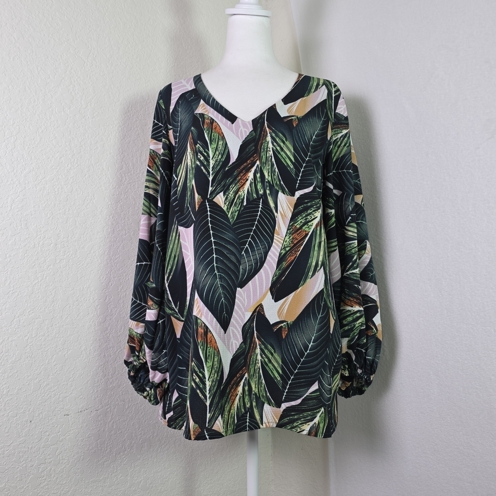 Belongsci Tropical Leaf Print Blouse Women’s Large V-Neck Long Sleeve Resort Top